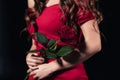 partial view of woman in red dress holding rose in hands isolated Royalty Free Stock Photo