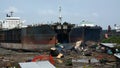 partially broken down ocean ships at a shipbreaking yard. Inside of ship breaking yard