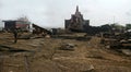 partially broken down ocean ships at a shipbreaking yard. Inside of ship breaking yard