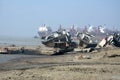 partially broken down ocean ships at a shipbreaking yard. Inside of ship breaking yard