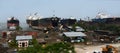 partially broken down ocean ships at a shipbreaking yard. Inside of ship breaking yard