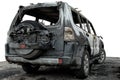 Partially burned down car for use in photomontage, the SUV after the fire, isolate Royalty Free Stock Photo