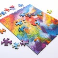 Partially completed jigsaw puzzle with colorful neurographic art, pieces scattered on sides, on white background