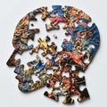 Partially completed puzzle forming a profile view of a face with abstract neurographic art, symbolizing mental