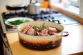 partially cooked coq au vin, lid ajar, on a kitchen counter