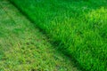 Partially cut grass lawn. Green fresh grass. Difference between perfectly mowed, trimmed garden lawn or field for sports