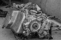 Partially disassembled internal combustion engine of an old car.