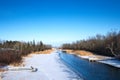 Partially frozen Mississippi River and boat docks in winter in Bemidji, MN Royalty Free Stock Photo