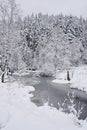 Partially frozen river running through a snow covered forest Royalty Free Stock Photo