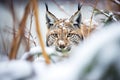 partially hidden lynx eyes in snowy thicket