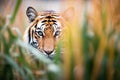 partially hidden tiger watching intently