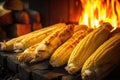 partially husked corn cobs glowing in firelight Royalty Free Stock Photo