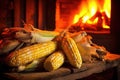 partially husked corn cobs glowing in firelight Royalty Free Stock Photo