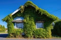 partially ivy-covered cottage against a clear blue sky