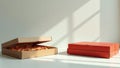 A partially opened cardboard pizza box beside two stacked coral-colored boxes in sunlight. Generative AI Royalty Free Stock Photo