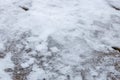 Partially thawed snow and ice covered wooden deck