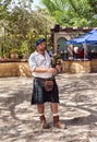 A participant dressed in a Scottish costume plays the bagpipe at the Knights of Jerusalem Festival at the Ein Yael Museum, in