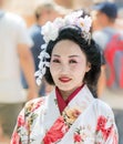 Participant of the festival in the traditional dress of the Japanese woman at the annual festival `Jerusalem Knights`