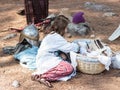 Participant in the reconstruction of Horns of Hattin battle in 1187 sits in the morning near the tent in the camp before the campa Royalty Free Stock Photo