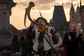 Participants of a costumed parade in the streets of Mala Strana on witch burning night `carodejnice`