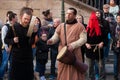 Participants of a costumed parade in the streets of Mala Strana on witch burning night `carodejnice`