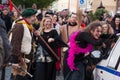 Participants of a costumed parade in the streets of Mala Strana on witch burning night `carodejnice`