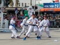 Participants of the Karate section show their skills at the carnival of Adloyada in Nahariyya, Israel