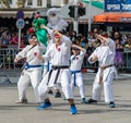 Participants of the Karate section show their skills at the carnival of Adloyada in Nahariyya, Israel