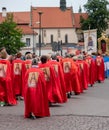Participants taking part in a procession for the Catholic Church`s Feast of Corpus Christi, in Krakow Old Town, Poland