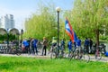 Participants of mass spring bike ride, dedicated to opening of cycling season 2019, after end of event in recreation area, Gomel Royalty Free Stock Photo