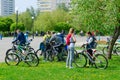 Participants of mass spring bike ride, dedicated to opening of cycling season 2019, after end of event in recreation area, Gomel Royalty Free Stock Photo