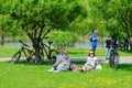 Participants of mass spring bike ride, dedicated to opening of cycling season 2019, after end of event in recreation area, Gomel Royalty Free Stock Photo