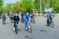 Participants of mass spring bike ride, dedicated to opening of bike season-2019, move along city street, Gomel, Belarus