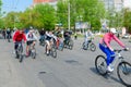 Participants of mass spring bike ride, dedicated to opening of bike season-2019, move along city street, Gomel, Belarus