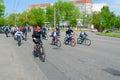 Participants of mass spring bike ride, dedicated to opening of bike season-2019, move along city street, Gomel, Belarus