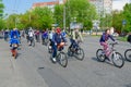 Participants of mass spring bike ride, dedicated to opening of bike season-2019, move along city street, Gomel, Belarus