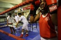 Participants prepare for their next bout of boxing fight after their chess round at the 4th Chess Boxing Championship being held