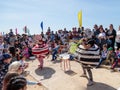 A participants of the Purim festival dressed in fabulous costumes, show performance in Caesarea, Israel Royalty Free Stock Photo