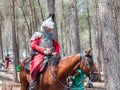 Participants in the reconstruction of Horns of Hattin battle in 1187 depicting Saladin sits on a battle horse in the camp before t