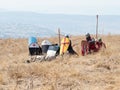 Participants in the reconstruction of Horns of Hattin battle in 1187 Dressed in the costumes of crusaders stand in anticipation of