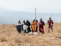 Participants in the reconstruction of Horns of Hattin battle in 1187 Dressed in the costumes of crusaders stand in anticipation of