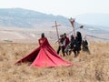 Participants in the reconstruction of Horns of Hattin battle in 1187 moving around the battlefield near Tiberias, Israel Royalty Free Stock Photo