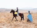 Participants in the reconstruction of Horns of Hattin battle in 1187 moving around the battlefield near Tiberias, Israel Royalty Free Stock Photo