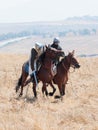 Participants in the reconstruction of Horns of Hattin battle in 1187 moving around the battlefield near Tiberias, Israel Royalty Free Stock Photo