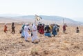 Participants in the reconstruction of Horns of Hattin battle in 1187 participate in the battle on foot on the battlefield near Tib