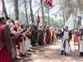 Participants in the reconstruction of Horns of Hattin battle in 1187 in the role of King of Jerusalem makes a speech before the so