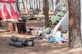 Participants in the reconstruction of Horns of Hattin battle in 1187 sits in the morning near the tent in the camp before the cam Royalty Free Stock Photo