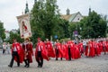 Participants taking part in a procession for the Catholic Church`s Feast of Corpus Christi, in Krakow old town, Poland Royalty Free Stock Photo