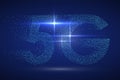 Particles constitute the `5G` font design, symbolizing the epoch-making speed experience, vector illustration