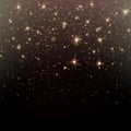 Particles glitter of gold glowing magic shine and star dust dark background. EPS 10